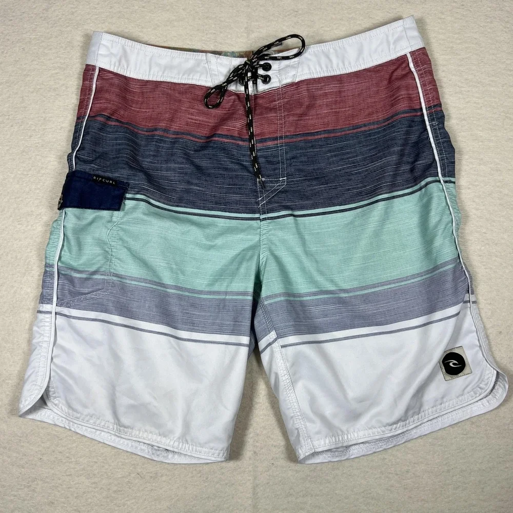 Rip Curl Board Shorts Mens 34 Blue Red Stripe Drawstring Surf Swim Trunks Pocket